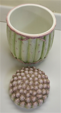 Italian Ceramic Asparagus Canister with Lid - Made in Italy #228 - Measures 7 1/2 Tall 5 1/2 Across - Some Minor Paint Flaking Around Top Rim 