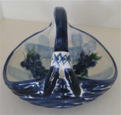 Gail Pittman Pottery Ceramic Basket with Hand Painted Grapes - Dated 1994 - Basket Measures 5 Tall 7 Across 