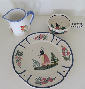 3 Pieces of Quimper Hand Painted French Pottery - 8 3/8 Plate, 3 1/2 Mug, and 4 Handled Bowl 