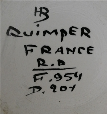 3 Pieces of Quimper Hand Painted French Pottery - 8 3/8 Plate, 3 1/2 Mug, and 4 Handled Bowl 