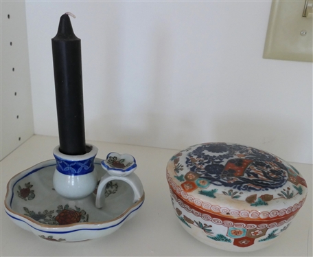 19th Century Japanese Export Dresser Jar with Lid and Contemporary Asian Candle Chamberstick - Dish Measures 2 1/2 Tall 5 Across - Some Chips Along Top Edge of Dish and Chip on Edge of Lid 