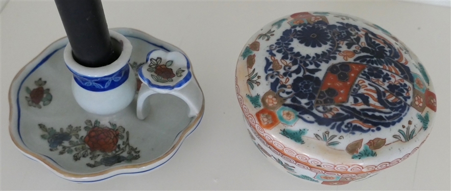 19th Century Japanese Export Dresser Jar with Lid and Contemporary Asian Candle Chamberstick - Dish Measures 2 1/2 Tall 5 Across - Some Chips Along Top Edge of Dish and Chip on Edge of Lid 