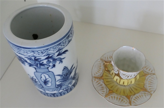Delicate German Porcelain Demitasse Cup and Saucer Set and Blue and White Ceramic Vase - Vase Has Been Repaired 