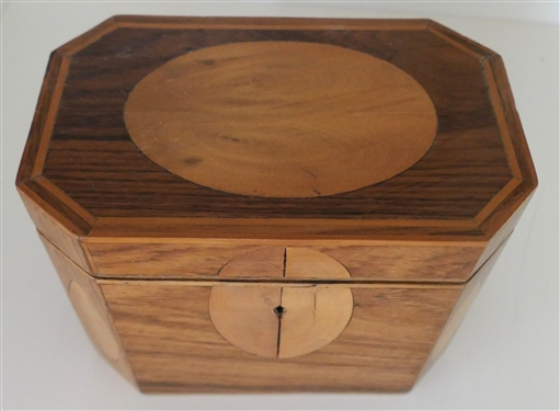Pretty Multi Wood Inlaid Tea Caddy - Elongated Octagon Shaped Inlaid on Top and Front - Interior with 2 Divided Compartments with Wooden Lids - Box Measures 5 tall 7 by 4 1/2 