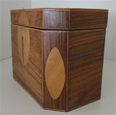 Pretty Multi Wood Inlaid Tea Caddy - Elongated Octagon Shaped Inlaid on Top and Front - Interior with 2 Divided Compartments with Wooden Lids - Box Measures 5 tall 7 by 4 1/2 