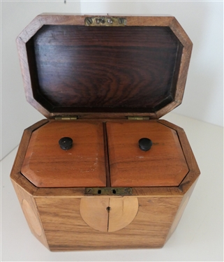 Pretty Multi Wood Inlaid Tea Caddy - Elongated Octagon Shaped Inlaid on Top and Front - Interior with 2 Divided Compartments with Wooden Lids - Box Measures 5 tall 7 by 4 1/2 