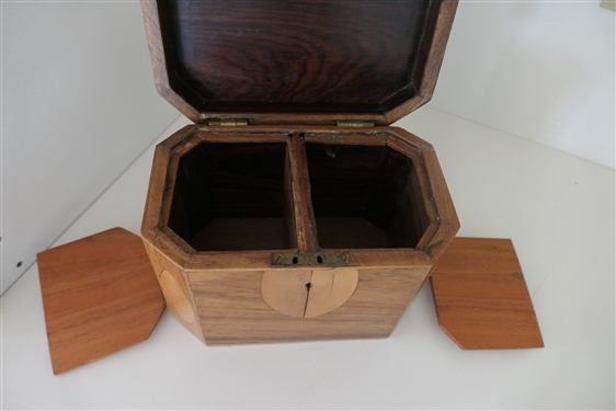 Pretty Multi Wood Inlaid Tea Caddy - Elongated Octagon Shaped Inlaid on Top and Front - Interior with 2 Divided Compartments with Wooden Lids - Box Measures 5 tall 7 by 4 1/2 