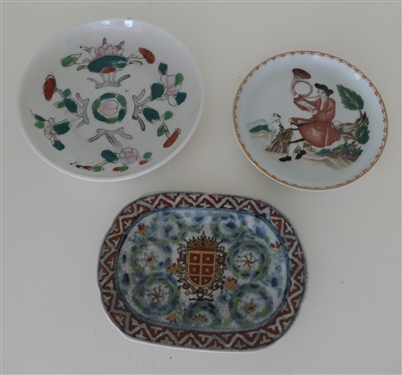 3 Contemporary Asian Inspired Dishes - Mottahedeh with Gentleman Playing a Horn, Oval Soap Dish, and Other Unsigned - Mottahedeh Measures 4 3/8 