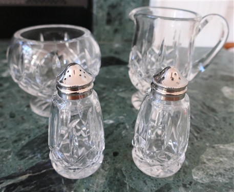 4 Pieces of Waterford Lismore Crystal - Creamer, Footed Rose Bowl, and Salt and Pepper Set - Creamer Measures 4 1/2 Tall 