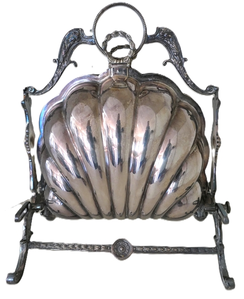 Fine Victorian Silverplate Biscuit Box Clam Shell Biscuit Server on Stand - Server Opens to Reveal Pierced Platforms to Hold Warm Biscuits - Stand Measures 10" Tall 8" Across