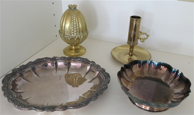 Baldwin Brass American Independence Commemorative Candle Stick, Heavy Brass Finial, Oneida Chippendale Style Silverplate Bowl and Countess Silverplate Dish - Candle Stick is 4 1/2 Tall 