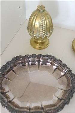 Baldwin Brass American Independence Commemorative Candle Stick, Heavy Brass Finial, Oneida Chippendale Style Silverplate Bowl and Countess Silverplate Dish - Candle Stick is 4 1/2 Tall 