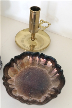 Baldwin Brass American Independence Commemorative Candle Stick, Heavy Brass Finial, Oneida Chippendale Style Silverplate Bowl and Countess Silverplate Dish - Candle Stick is 4 1/2 Tall 