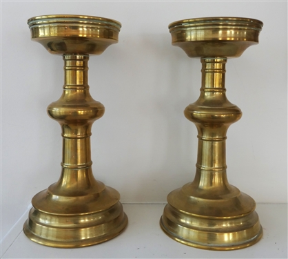 Pair of Nice Substantial Brass Pillar Candle Holders - Each Measures 8 Tall 