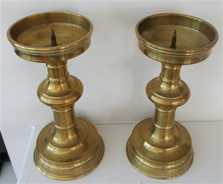 Pair of Nice Substantial Brass Pillar Candle Holders - Each Measures 8 Tall 