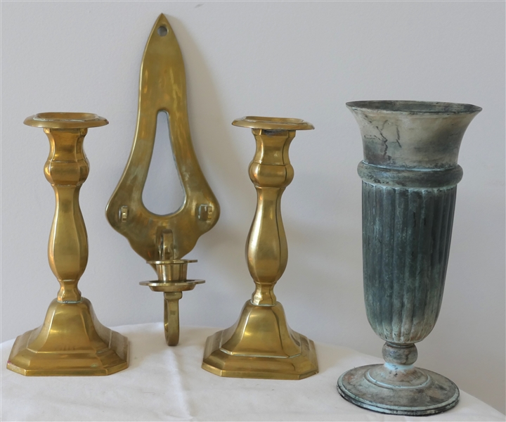 Pair of Nice Brass Candle Sticks, Brass Wall Candle Sconce, and Patinaed  Brass Vase - Made in India - Candle Sticks are 7 1/4" Tall 