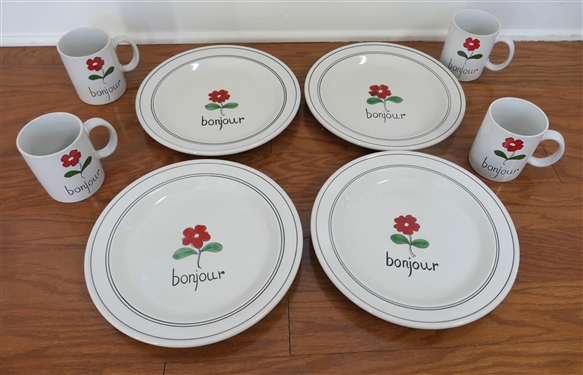8 Pieces of Vintage Japan Bonjour Dinner Ware - 4 Mugs and 4 Dinner Plates 