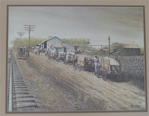 Tyler Artist Signed Print of Cotton on Horse Drawn Wagons by Train Station / Track - Dated 1981 - Numbered 576/1000 - Nicely Framed and Double Matted - Frame Measures 20 1/2 by 24 1/2 