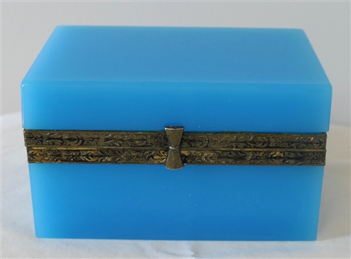 19th Century French Blue Opaline Glass Dresser Box with Brass Ormalou Edge Caps - Box Measures 3 tall 5 1/4 by 3 1/2
