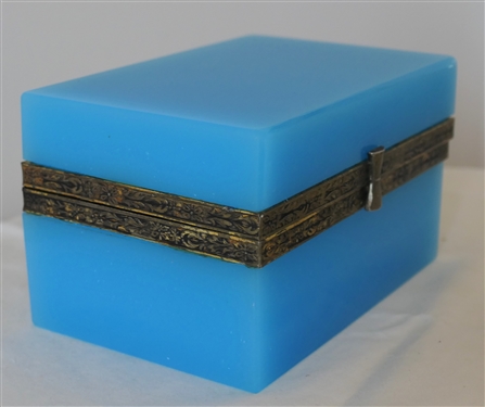 19th Century French Blue Opaline Glass Dresser Box with Brass Ormalou Edge Caps - Box Measures 3 tall 5 1/4 by 3 1/2