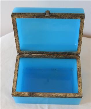 19th Century French Blue Opaline Glass Dresser Box with Brass Ormalou Edge Caps - Box Measures 3 tall 5 1/4 by 3 1/2