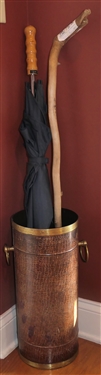 Unusual Brass Umbrella / Cane Stand - Crocodile Textured Finish - With Cane and Umbrella - Stand Measures 18 tall 