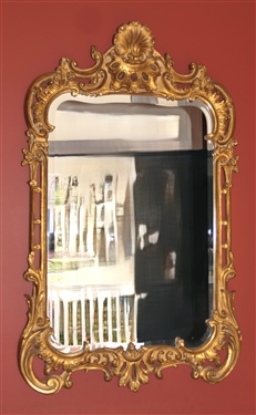 Fine Gold Gilt Framed Beveled Mirror - Shell To Crest - Beautifully Floral and Scrolled Frame - Frame Measures 42 By 25