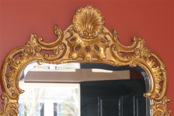 Fine Gold Gilt Framed Beveled Mirror - Shell To Crest - Beautifully Floral and Scrolled Frame - Frame Measures 42 By 25