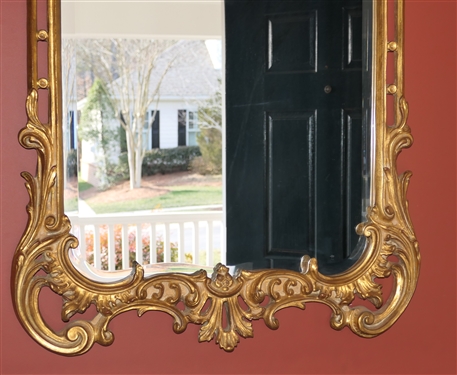 Fine Gold Gilt Framed Beveled Mirror - Shell To Crest - Beautifully Floral and Scrolled Frame - Frame Measures 42 By 25