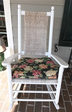 Nice White Painted Porch Rocker - Oak Splint Seat and Back with Black Floral Cushion 