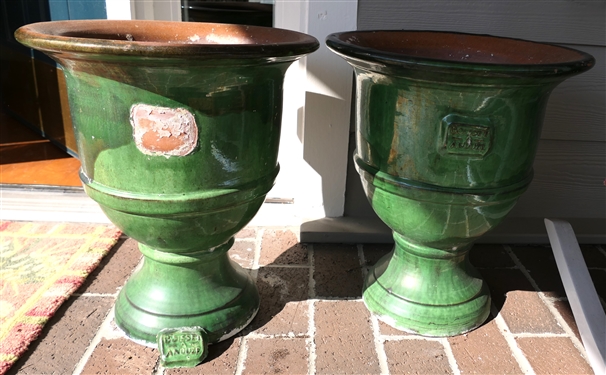Pair of Green Glazed Urn Style Terracotta Planters - Boisset A Anduze  On Planters - One Tag Needs to Be Re-attached - Each Planter  Measures 16 1/2 Tall 14 1/2 Across