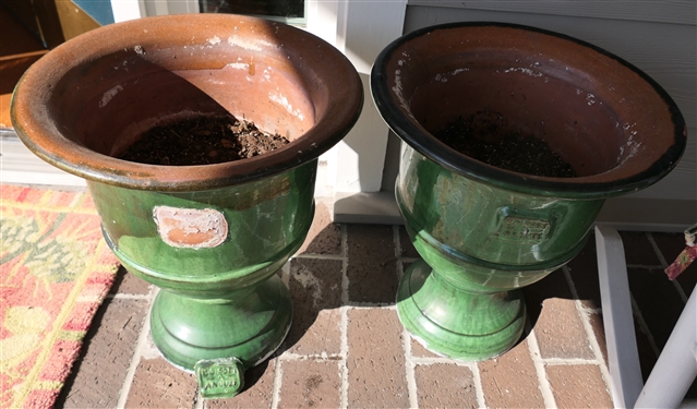 Pair of Green Glazed Urn Style Terracotta Planters - Boisset A Anduze  On Planters - One Tag Needs to Be Re-attached - Each Planter  Measures 16 1/2 Tall 14 1/2 Across