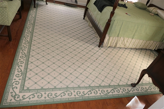 Elegant Green and White Carpet - By Delta Carpets - White Background with Green Design and Scrolled Border - Very Clean - Rug Measures 11'6 by 13'3