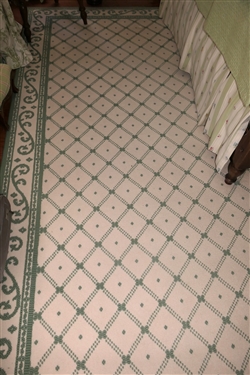 Elegant Green and White Carpet - By Delta Carpets - White Background with Green Design and Scrolled Border - Very Clean - Rug Measures 11'6 by 13'3