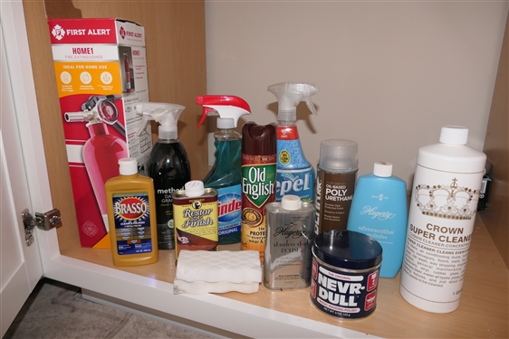 Cabinet Lot of Cleaning Supplies - All Full or Mostly Full - Windex, Old English, Fire Extinguisher, Brasso, Repel, Restor-a- Finish, Etc. 