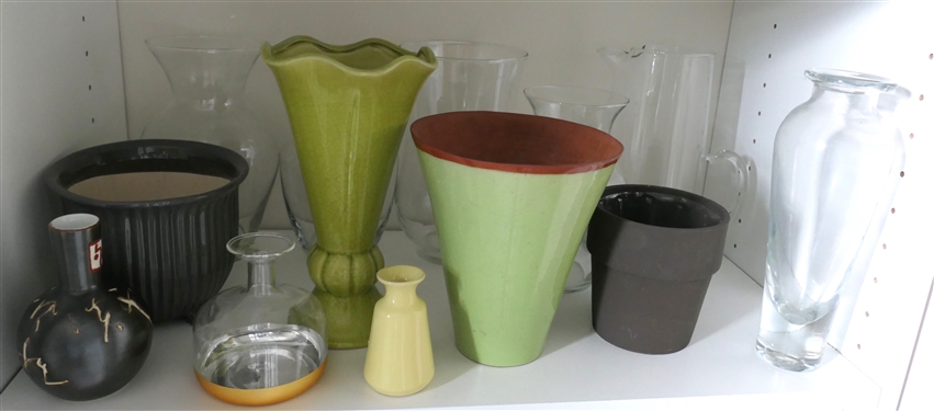 Shelf Lot including Vases, Planters, and Nice Glass Pitcher