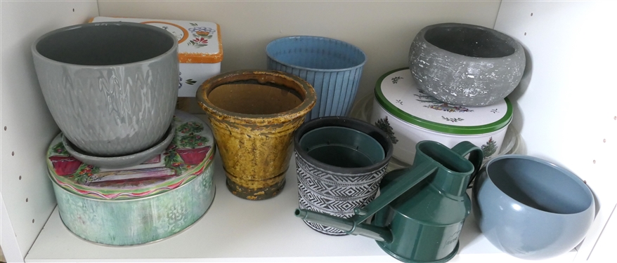 Shelf Lot Including Planters, Watering Cans, and Tins - Christmas Tree and Quimper