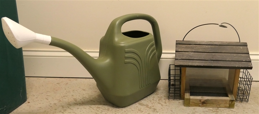 Plastic Watering Can and Wood Bird Feeder 