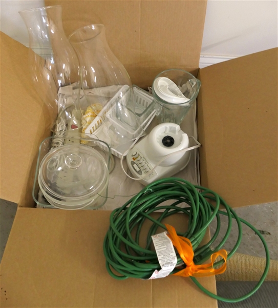 Box Lot Including Blender, Extension Cord, Hurricane Shades, and Glass Baking Dishes 