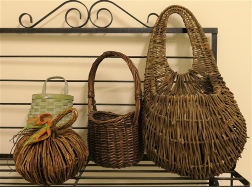 Group of Baskets including Door Hanging Baskets, Woven Pumpkin, and Round Basket with Plastic Liner