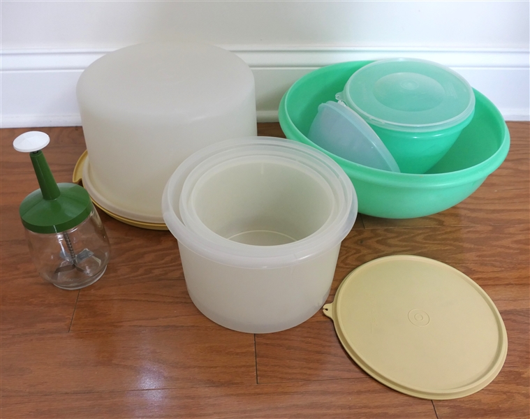 Lot of Vintage Tupperware and Food Chopper - Bowls, Cake Carrier, Canisters, Large Bowl is Missing Lid 