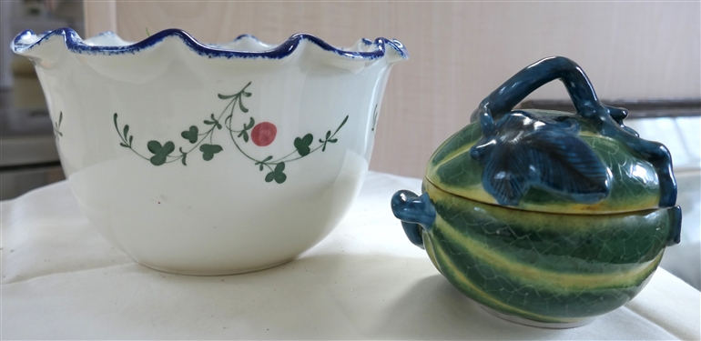Cote' Baque Hand Painted Bowl with Fruits and Vines and Ruby Ausley Interiors Ceramic Gourd Trinket Box with Lid - Bowl Measures 5 Tall 8 1/2  Across