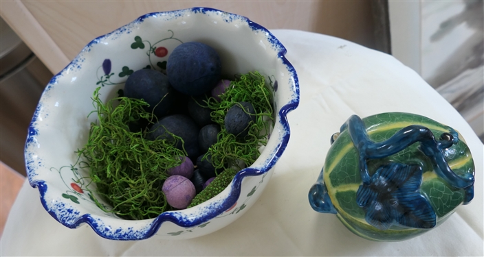 Cote' Baque Hand Painted Bowl with Fruits and Vines and Ruby Ausley Interiors Ceramic Gourd Trinket Box with Lid - Bowl Measures 5 Tall 8 1/2  Across
