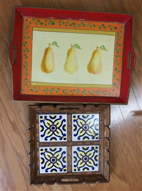 2 Serving Trays - Foreside with Pears and Wood with Inset Tiles 