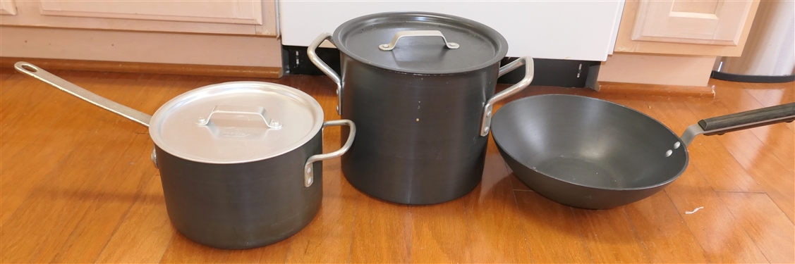 3 Pieces of Commercial Aluminum Cookware - 310C Stock Pot, 1703C Pot, and Wok 