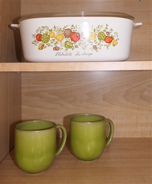 2 Green Mugs Jars Made in France and Corning Ware Casserole with Lid 