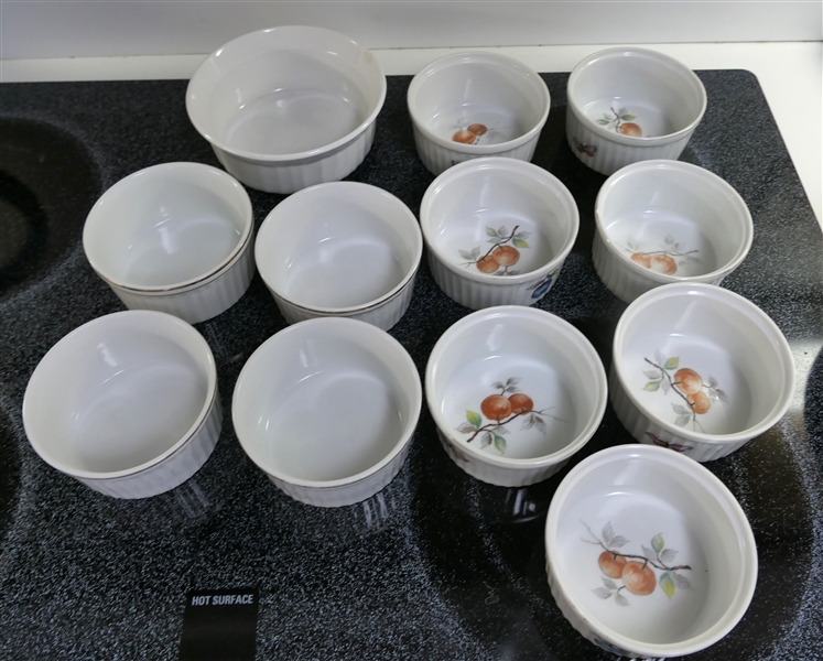 12 Ramekins - Fruit Oven to Table, White Oven to Table, and Corning Larger Ramekin with Chip in Side 