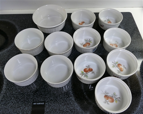 12 Ramekins - Fruit Oven to Table, White Oven to Table, and Corning Larger Ramekin with Chip in Side 