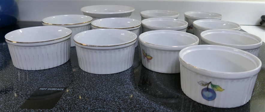 12 Ramekins - Fruit Oven to Table, White Oven to Table, and Corning Larger Ramekin with Chip in Side 