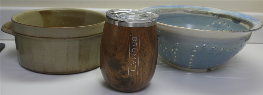 Art Pottery Strainer, Art Pottery Baking Dish, and Brumate Wood Grain Tumbler 
